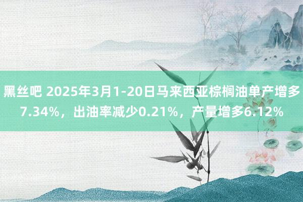 黑丝吧 2025年3月1-20日马来西亚棕榈油单产增多7.34%，出油率减少0.21%，产量增多6.12%